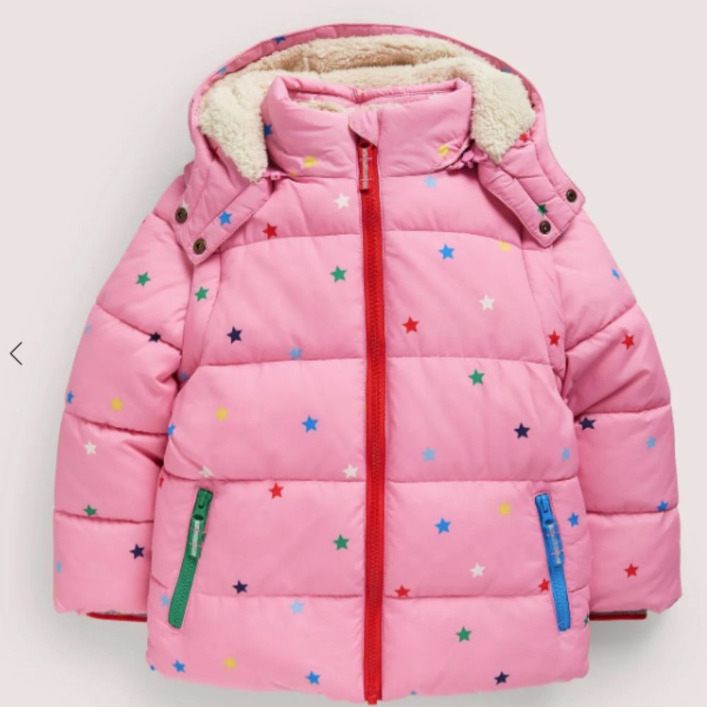 NWT Boden Girl's Pink Star Print Hooded Puffer Jacket
